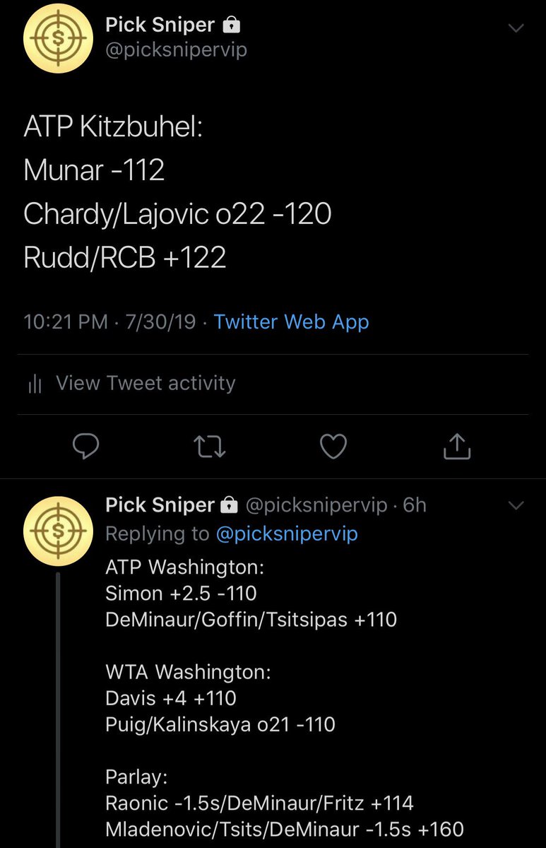 picksniper's tweet image. ❌ Raonic/De Minaur/Fritz

Free Plays: 18-12 / +5.17u

Terrible game from De Minaur. Expected him to be in form and take care of Gojo easily.

VIP finishes 3-6 / -3.12u