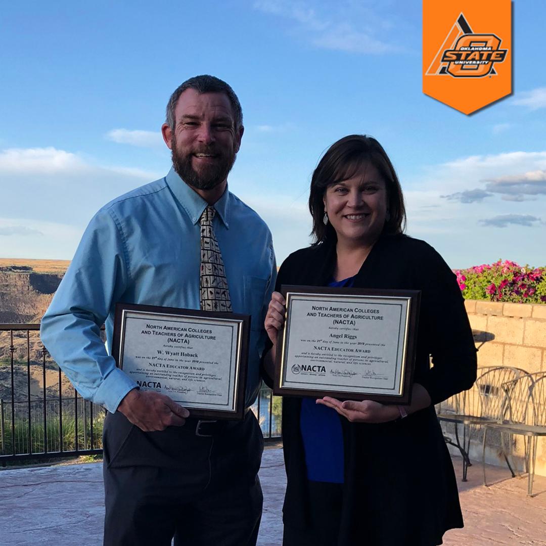 Well deserved! 👏 Dr. Wyatt Hoback, <a href="/okstate_epp/">Department of Entomology & Plant Pathology</a> professor, and Dr. Angel Riggs, @OSU_AECL professor, recently received the @NACTATeachers Educator Award!