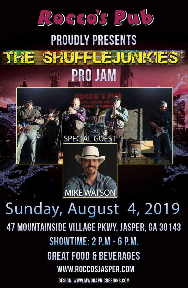 I'm looking forward to pickin' with The Shuffle Junkies this Sunday, August 4th, at Rocco's Pub in Jasper, GA. This is their Pro Jam, so come on out for some fun times! Showtime is 2 - 6 p.m.

47 Mountainside Village Pkwy, Jasper, GA 30143