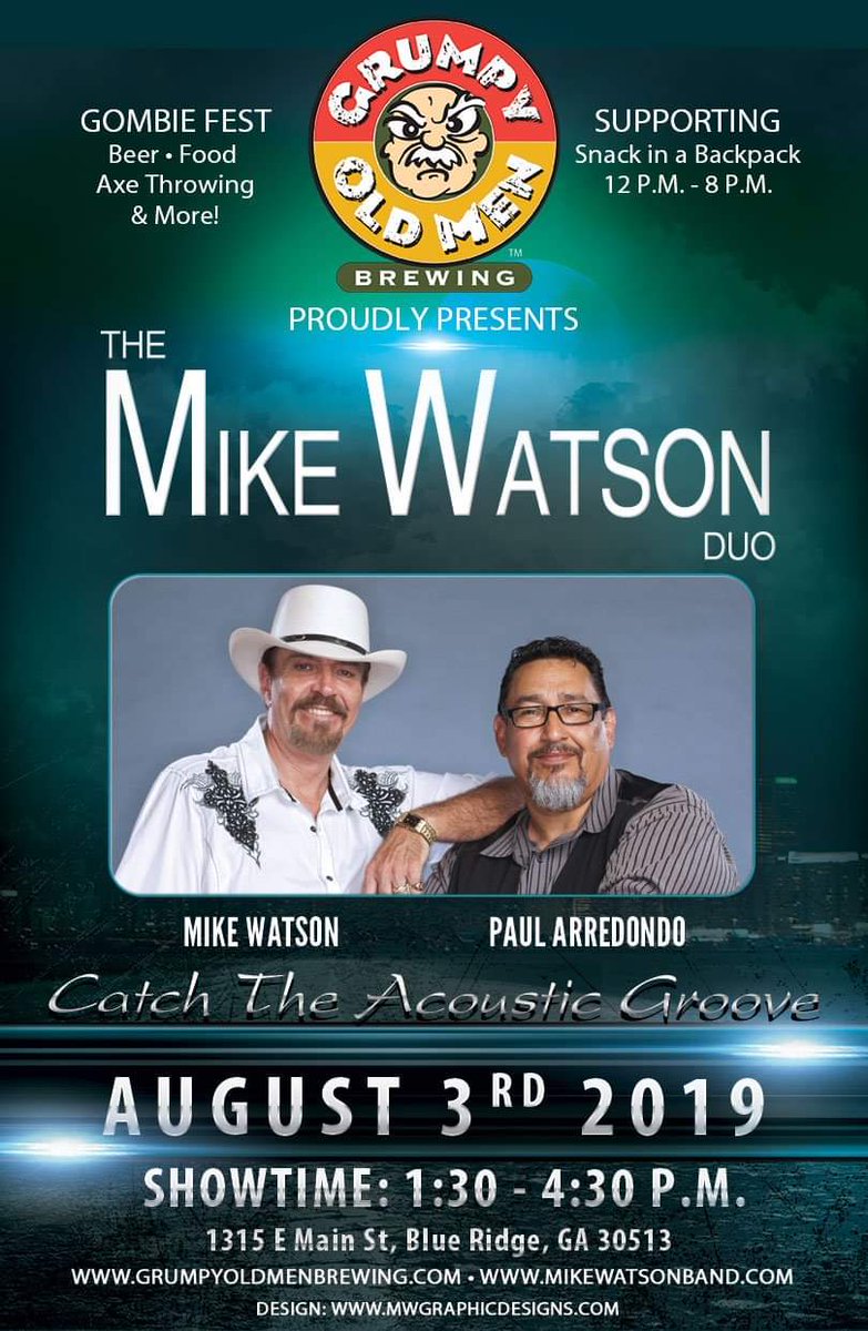 Paul and I are looking forward to performing at Grumpy Old Men Brewing in Blue Ridge, GA on Saturday, August 3rd from 1:30 - 4:30 for their Gombie Fest. We hope to see you there!

Grumpy Old Men Brewing
1315 E Main St, Blue Ridge, GA 30513