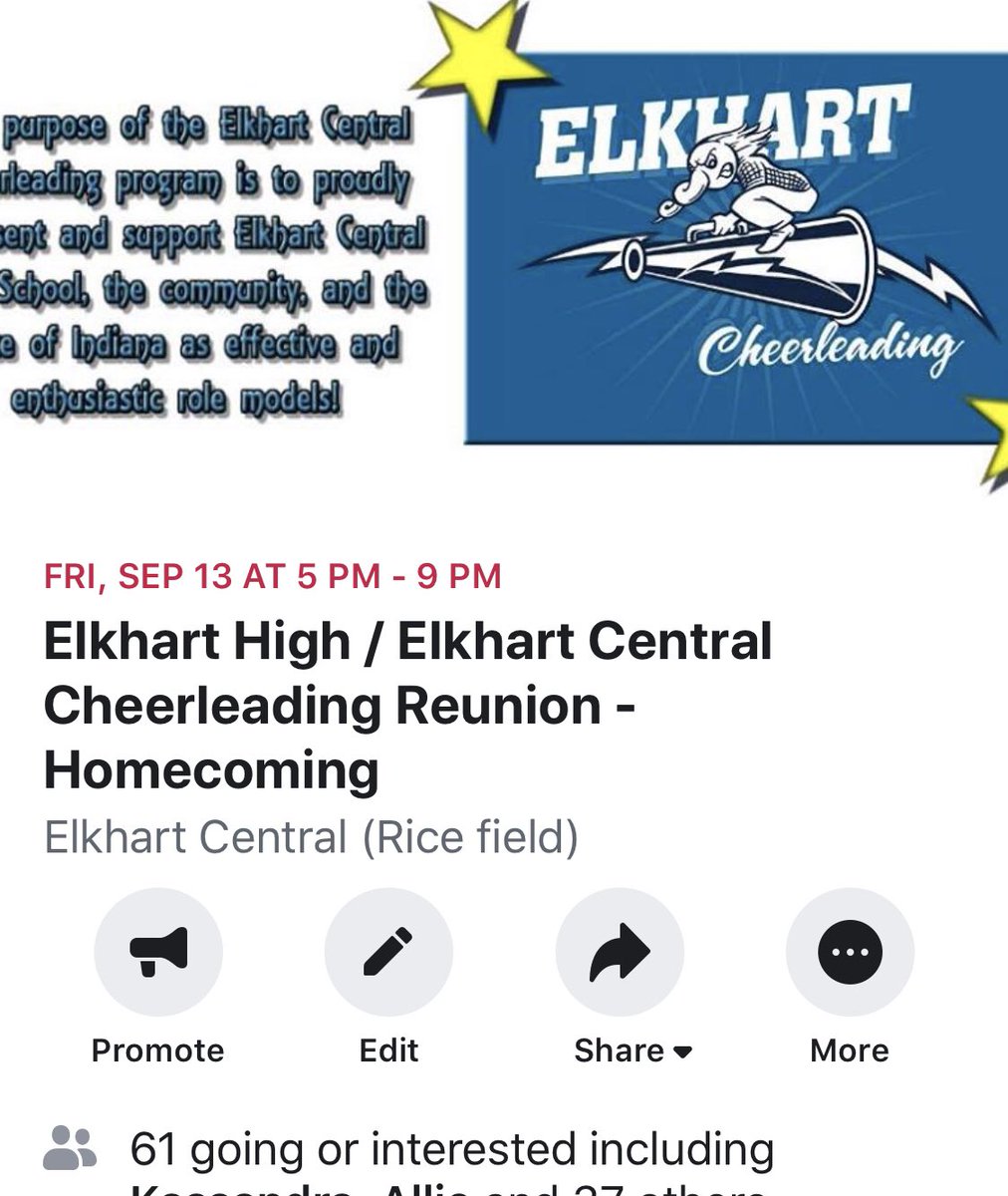 Elkhart_Cheer's tweet photo. Save the date! Elkhart High / Elkhart Central alumni celebration at our LAST homecoming game as Elkhart Central. #FinalCountdown #BlazerForLife 💙📣🚀 https://t.co/h9y4v2Fsz8