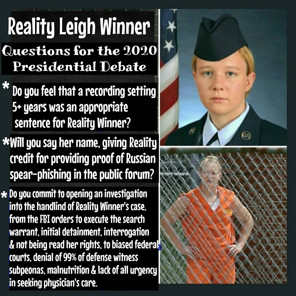 Lizseeds0311's tweet photo. #DemDebate #DemDebate2 questions. Will anyone say her name? #RealityWinner deserves justice. https://t.co/p15Hs5Dflj