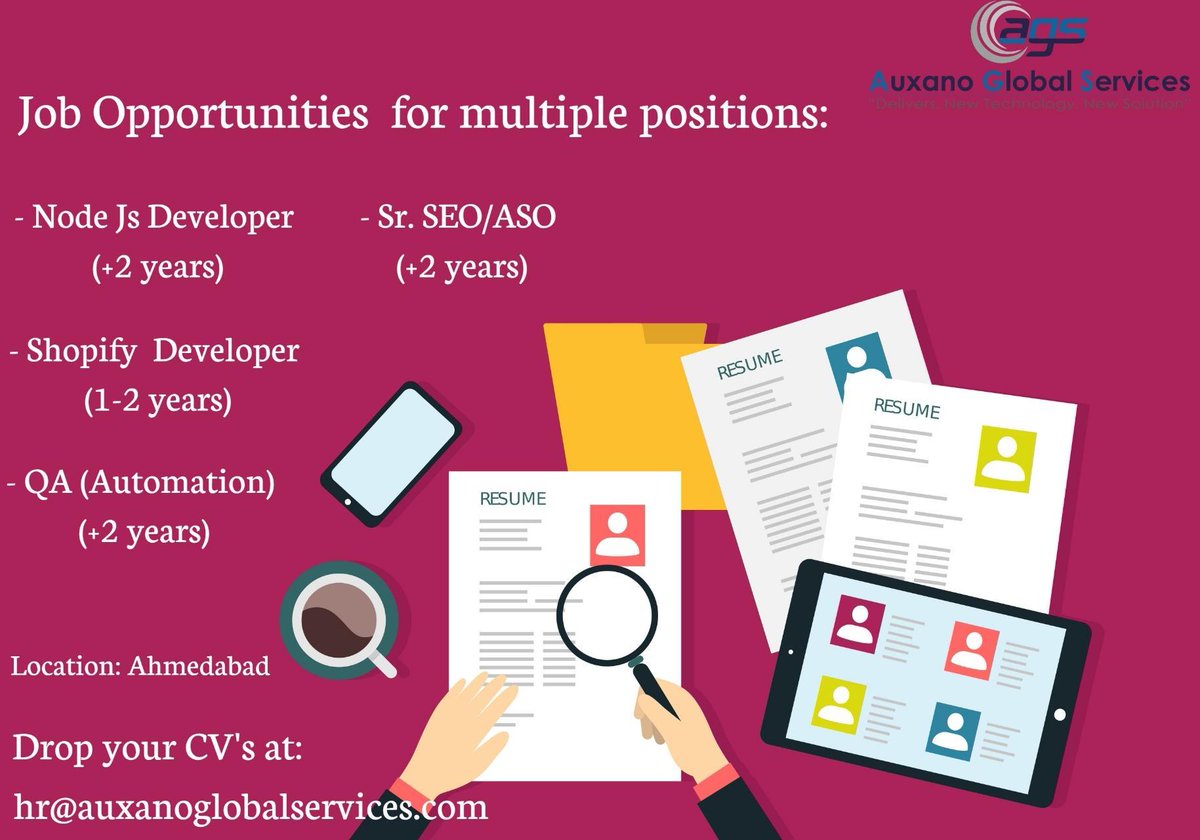 Auxano Global Services is hiring for multiple positions.

#nodejs #shopifyexperts #qaautomation #seoexperts #itjobs #ahmedabadjobs

Location: #ahmedabad

Job seekers share their Cv at hr@auxanoglobalservices.com