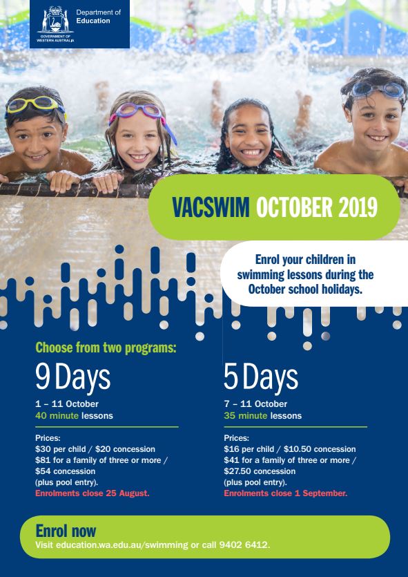 atwellcollege's tweet photo. VacSwim provides children aged five to 17 years with the opportunity to learn to swim during the school holidays at many locations across the State.
Enrolments for Oct 2019 and Jan 2020 VacSwim programs are now open and families can enrol online. https://t.co/Upl8cFytzk. https://t.co/UyEpl4ifOV