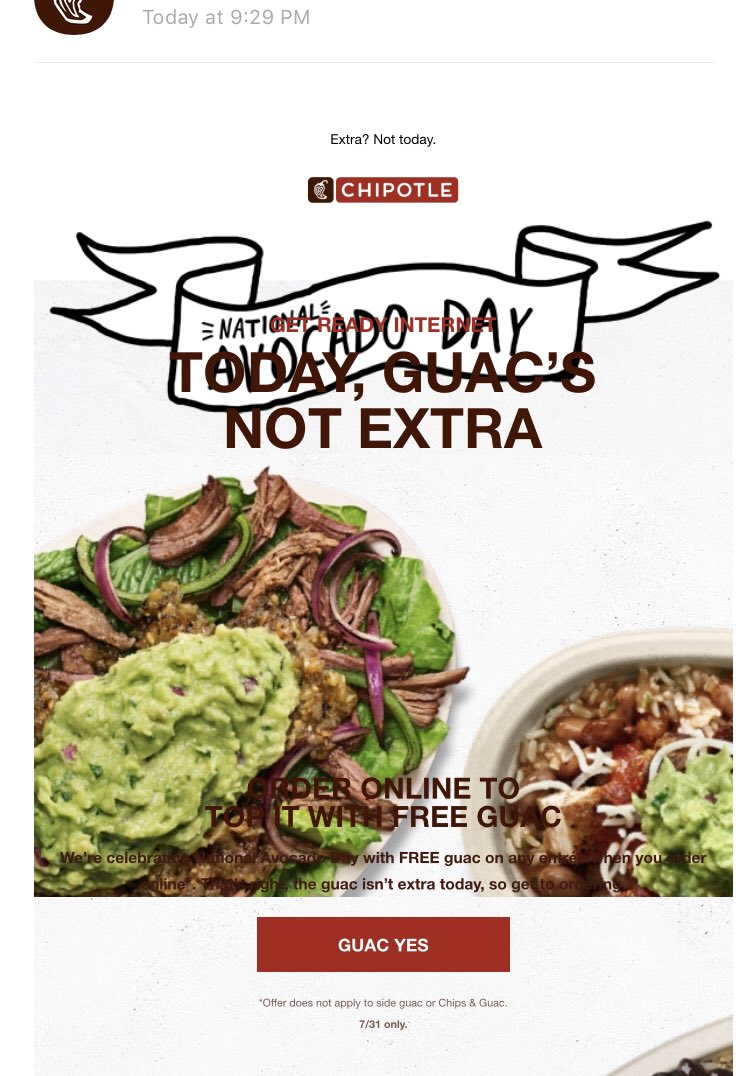 MikeS_GA's tweet photo. @ChipotleTweets ...when you get the email of free guacamole at 9:29pm....and it’s only valid today!!! 🙄 https://t.co/kJisX4KR96