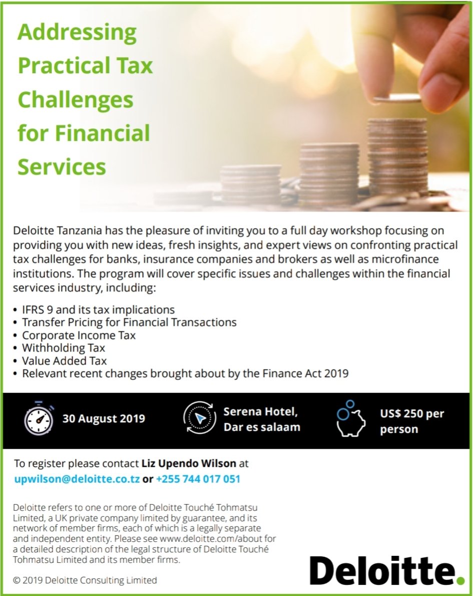 SNdandala's tweet photo. Specifically curated for the financial services industry, this full day workshop will address all the practical tax challenges within the banking, insurance and micro-finance industries.

Plan to join us on 30 August 2019. https://t.co/pXN3ZNcZoW