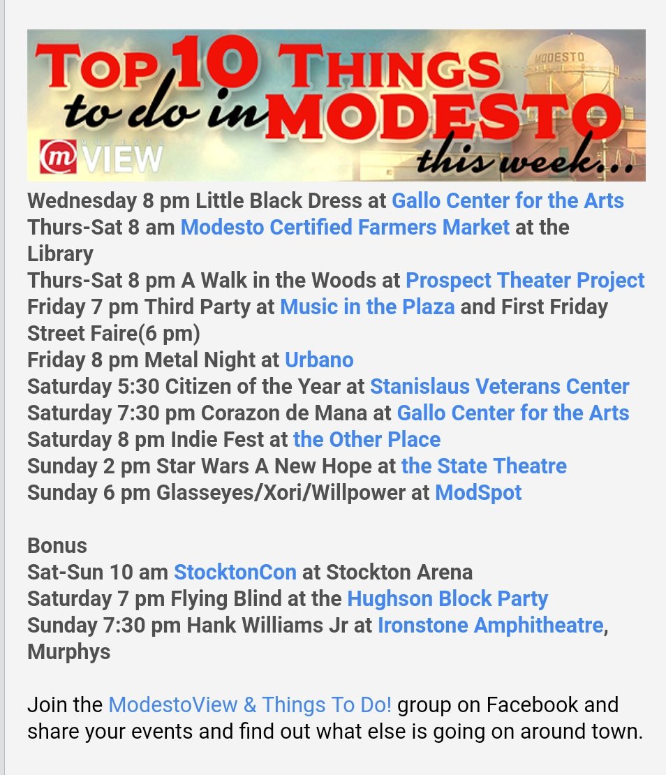 modestoview's tweet photo. Mark your calendar and see you at one of these great events happening this week in and around Modesto. #gloriousmodesto #modestoevents https://t.co/tb5yhm74w9