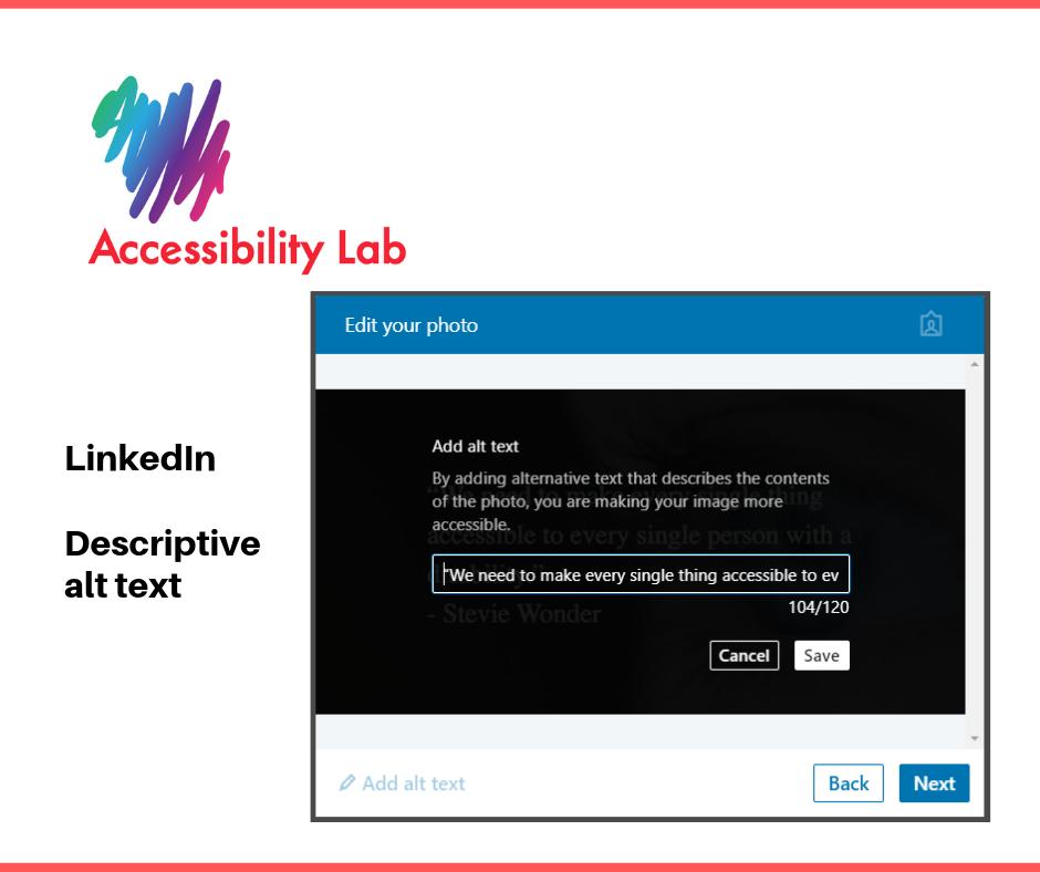 A11yLab's tweet photo. ¿Quieres ser incluyente? Agrega #TextosAlternativos a tus #RedesSociales... #LinkedIn #Instagram #Twitter #Facebook Ayuda a personas con #DiscapacidadVisual. #Inclusión #LectorDePantalla #A11yLab #AccessibilityLab #pcd https://t.co/AnDf81FF7D