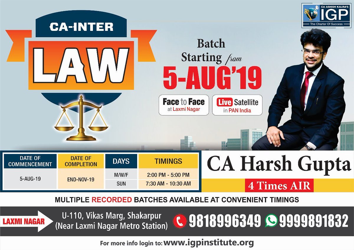 👉 #CA_Intermediate #Law by #CA_Harsh_Gupta
#Admission_Open ✅
📌 𝐁𝐚𝐭𝐜𝐡𝐞𝐬 are Starting from 5th Aug'19
Limited Seats
Login- igpinstitute.org

#batchstarting #hurryup #CAclasses #igpclasses #igpinstitute #ICAI #CA #CS #CMA #ECO #FM #SFM #IGP #ICSI #caashishkalra #AIR