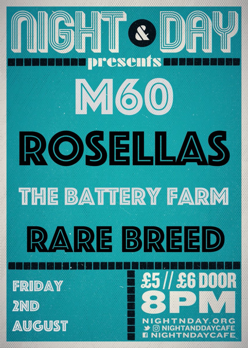 +++ TOMORROW +++

@OfficialM60 + @therosellas + @TheBatteryFarm + @rarebreeduk 

Doors 8:00 // 1st set 8:15 // Tickets on the door