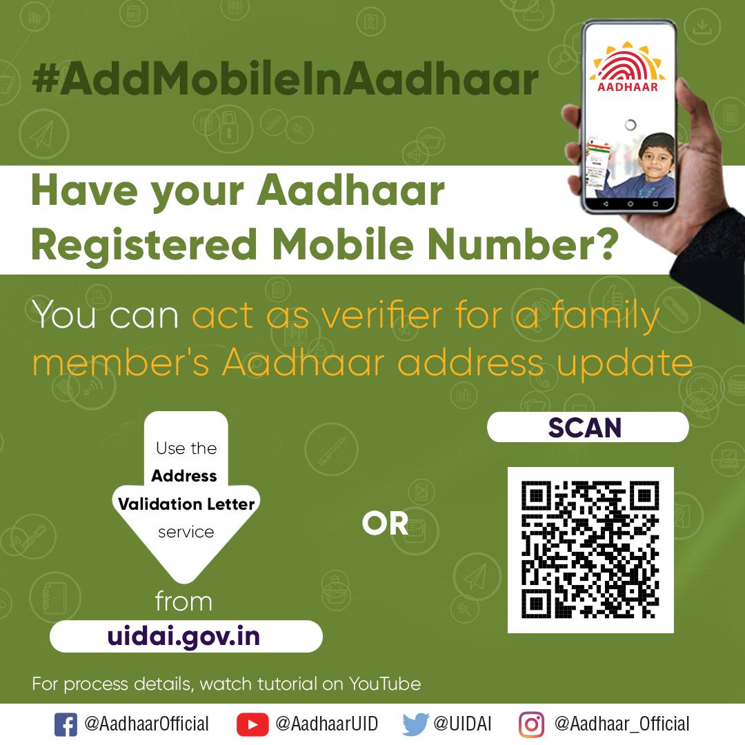UIDAI's tweet photo. #AddMobileInAadhaar to use the Address Validation Letter service from https://t.co/ekVBGke95F. This allows an Aadhaar holder to update his/ her address by using the Aadhaar address of a 'verifier'. Read more about this service here: https://t.co/YjjGFGJ7Ww https://t.co/Tk23vqeUs9