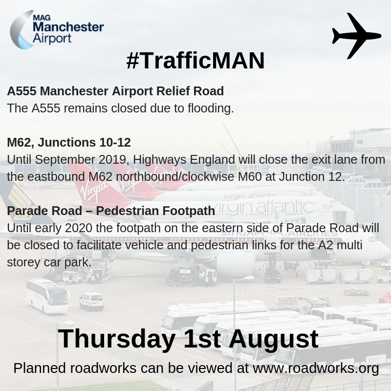 manairport's tweet photo. Please be aware that the A555 will remain closed today due to flooding. #WeatherMAN #TrafficMAN https://t.co/qSksKmh82e