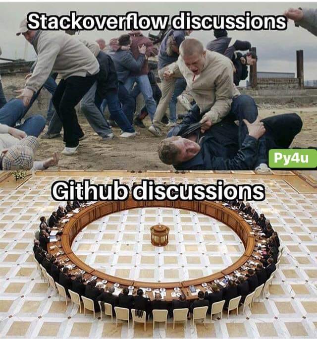الفرق بين أسلوب النقاش الذي يجريه الناس في stackoverflow و github لحل المشاكل البرمجية😂
لكن للأمانة stackoverflow بروحه التنافسية يعطيك أفضل إجابات ممكنة و هذه ميزة فريدة فيه و ليست عيباَ🙂