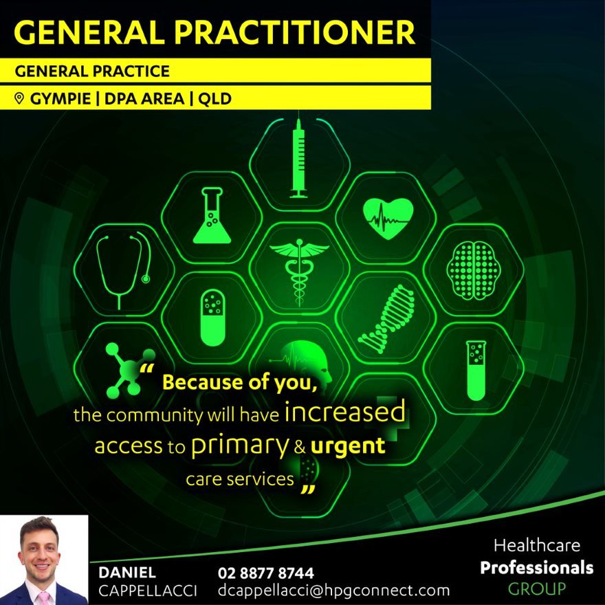 Stunning new general practice in Gympie seeking a GP. Contact 02 8877 8744 or dcappellacci@hpgconnect.com
#GP