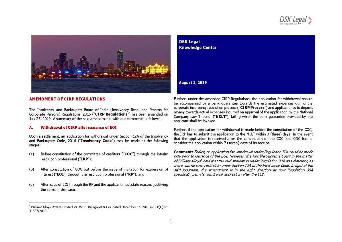 Ashish Pahariya and Kevin Joseph analyse the key amendments made to the CIRP Regulations in our latest article! #regulations #article #amendments #CIRP

Please click on the link below to read:
dsklegal.com/wp-content/upl…