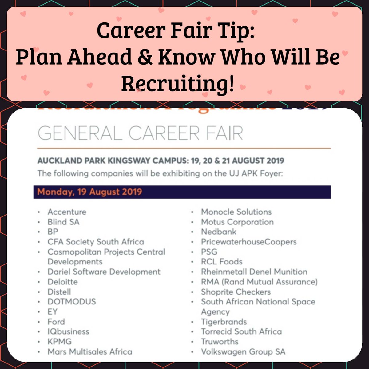 UJCareerService's tweet photo. Happy New Month UJ๐๐ฅณ, today we are on SWC (PsyCaD Boardroom) at 11:20 where you can find out the rest of the programme for our upcoming the Career Fair.
#PrepForTheCareerFair
#WorkReadinessProgramme2019
#YourCareerReimagined
#UJCareerServices https://t.co/mthEMMrAye