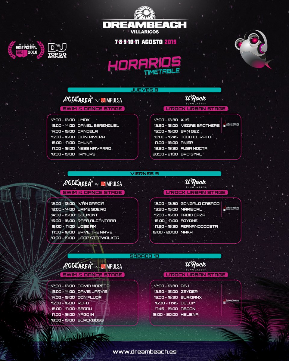 DreambeachFest's tweet image. ¡Aquí están los HORARIOS de nuestra #PoolArea by Impulsa Music Center y U´Rock Urban Stage! 
Atentos, ¡a las 12:00 compartiremos los horarios de recinto de conciertos! 
#GoVillaricos #SoyDreamer