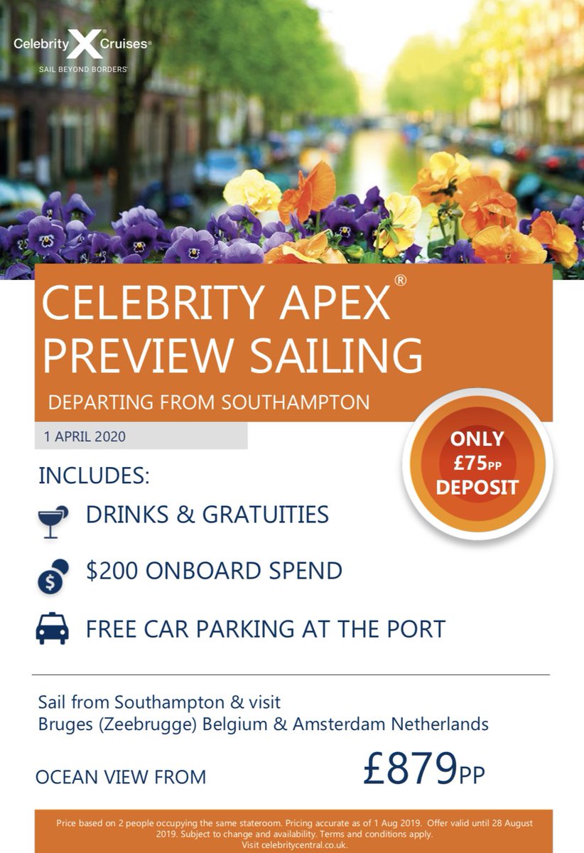 m_richards1982's tweet photo. Celebrity Apex Preview Sailing ⚓⚓1st April 2020 #4Nights #bruges #Amsterdam #Southampton #CelebrityCruisesUk #CelebrityLovesAgents #Oceanview #CelebrityApex #FreeCarParking #DrinksIncluded #GratuitesPaid #FreeSpendingMoney #DontMissOut https://t.co/gu0n84L47d