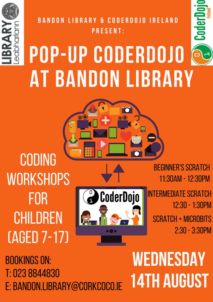 corkcolibrary's tweet image. Are you free on Wed. 14th August?
Get yourself down to #Bandonlibrary!
We'll be having 3 pop-up #CoderDojo sessions, suitable for ages 7-17yrs.
This is a FREE event but please contact the library to book your spot.
#Codingforkids #Scratch #Microbits #STEM #Whatlibrariesdo
