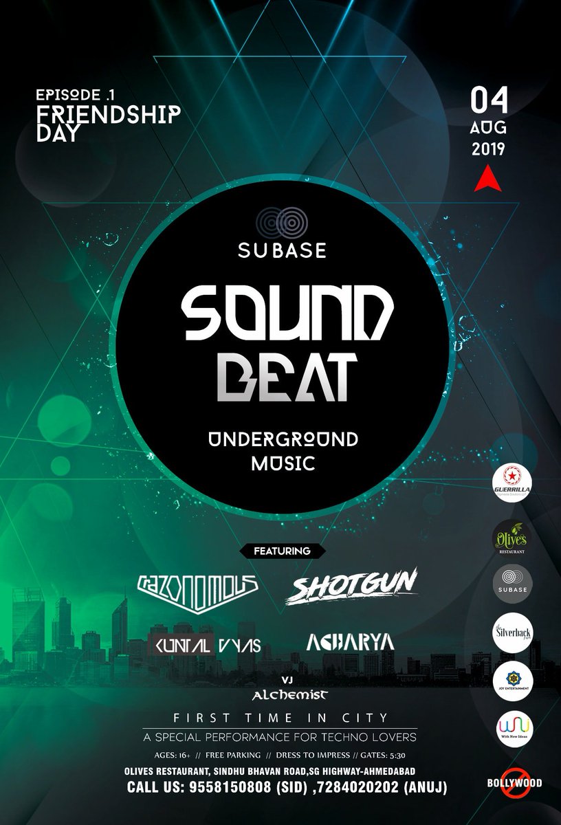#VJalchemist will be doing #projectionmapping and #livevisuals for Sound Beat on this friendship Day in #Ahmedabad. Join us for some real #UndergroundTechno music and mind altering #visuals by 
<a href="/Jayrajsinh/">Ledger Support Chat</a>
. See you on the dance floor. #TechnoParty #TechnoMusic #UndergroundMusic