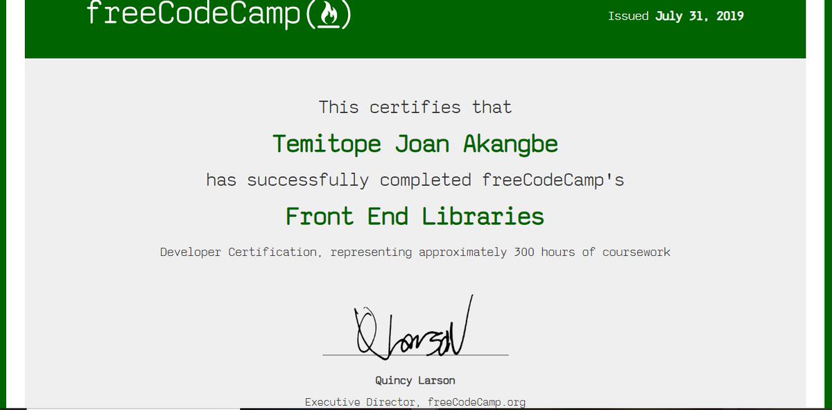 JoanTemitope's tweet image. Happy new month everyone. My appreciation goes to @freeCodeCamp and everyone who contributed to this feat.
#developercertification #frontendlibraries #movingforward