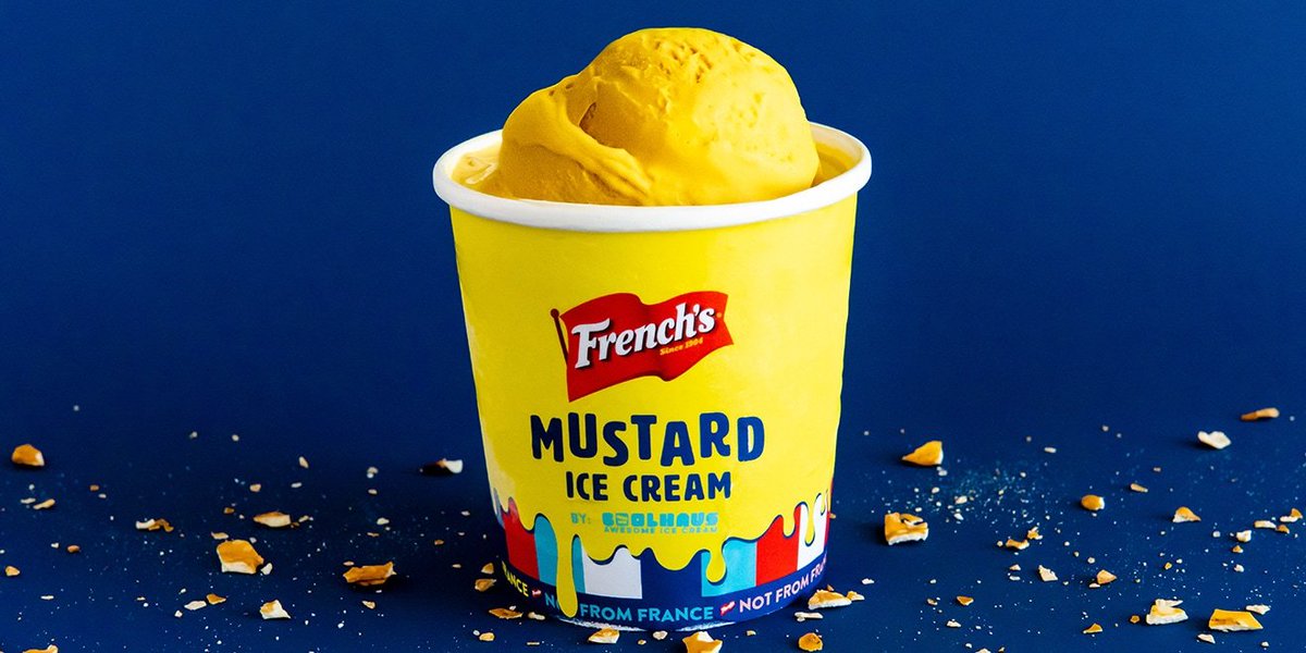 fitzco's tweet image. Oh, my Mustard Ice Cream! @Frenchs has teamed up with @Coolhaus for #NationalMustardDay to take mustard where it’s never gone before. #Frenchs #MustardIceCream #Client