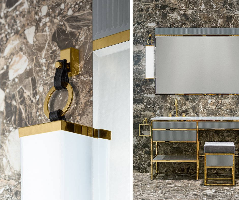 OASIS PRODUCT |How a wall lamp can give a glamorous touch to your bathroom. We used this wall lamp with metal decoration with our #Academy Collection, it’s a perfect combination! bit.ly/2YpqSjn #luxurybathroom #oasisgroup #italianbathroom #italianlighting #timelessdesign