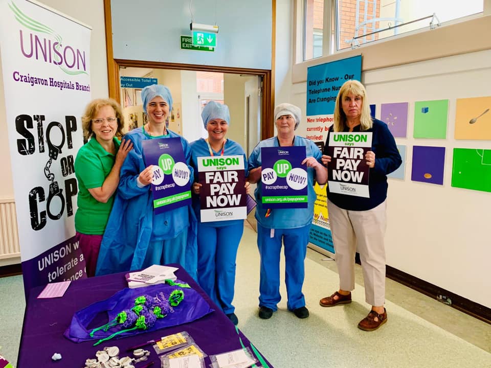UNISONNI's tweet image. Our campaign for equal pay for NHS workers in Northern Ireland continued today in Craigavon Area Hospital. We won’t be left behind! Fund pay now for NHS staff in Northern Ireland!