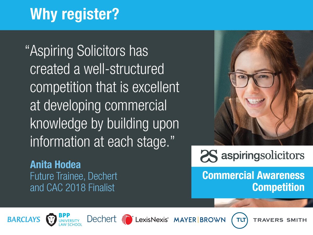 Want to give yourself the best chance of getting a training contract? Sign up to the Commercial Awareness Competition 2019/20 to build your professional skills, legal network and get the chance to impress leading UK firms. bit.ly/2FpJtAX