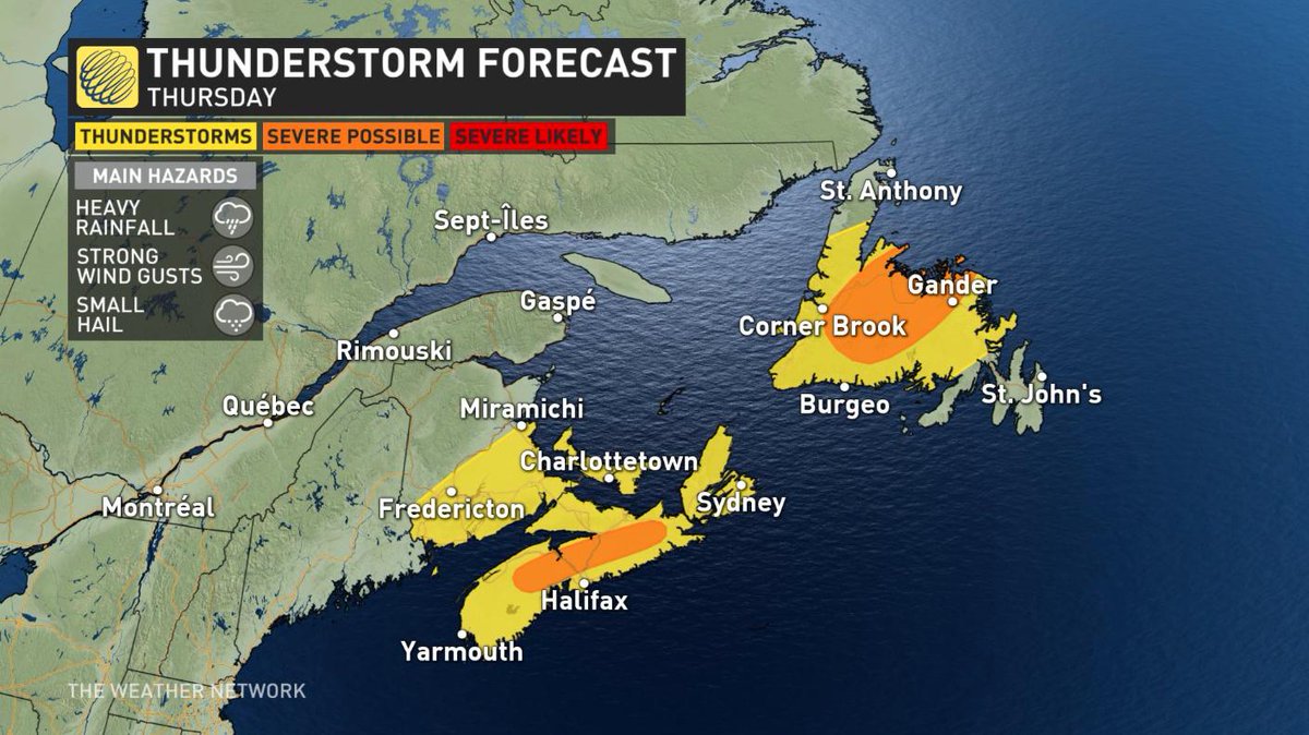 weathernetwork's tweet photo. After thunderstorms put on a show in parts of the Maritimes last night, here's a look at the widespread risk for storms across Atlantic Canada today.

#NBstorm #NSstorm #PEstorm #NLwx https://t.co/undl8gxtWU
