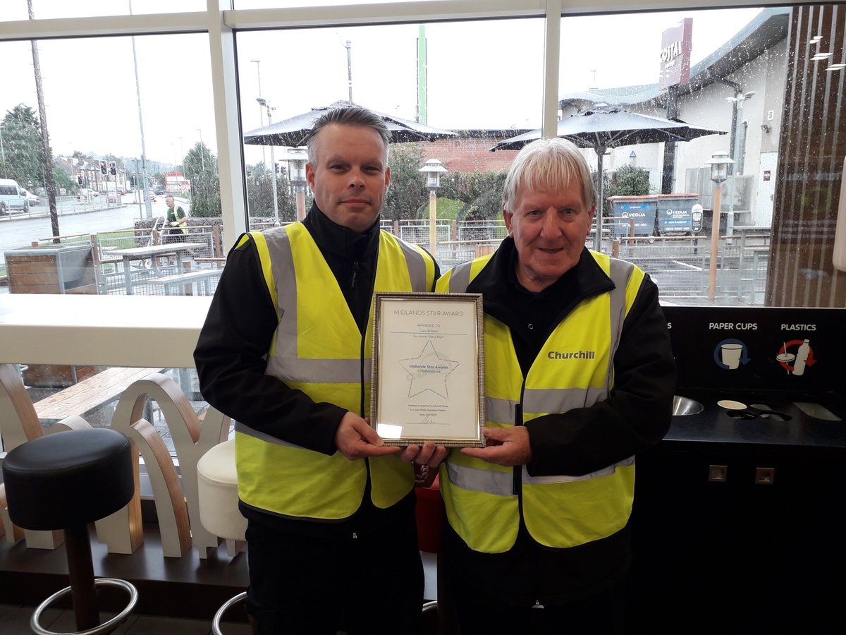 LouisaAClarke's tweet photo. A great big, well done to Michael Evans and Gary Britten, both recipients of the #midlandsccs star award for their continual excellent work at Crown- Victoria Retail Park. Nigel Higgins Churchill Group #midlandsstar #greatwork https://t.co/A8NSxbq573