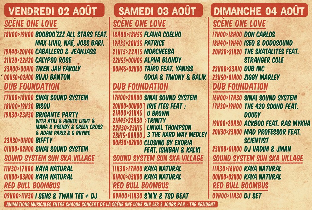 SunSkaFestival's tweet photo. #Rappel Voici les horaires des concerts jour par jour, histoire de pouvoir s'organiser ;-)
#SunSka #SunSka2019 #MonSunSka https://t.co/Q3BcZzBgjg