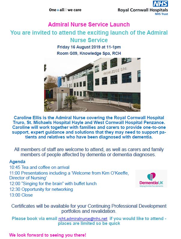 You are invited to the Admiral Nurse Service launch 16 Aug 2019! This event is open to both RCHT and CFT staff. Book via: rcht.admiralnurse@nhs.net