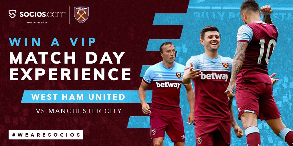 socios's tweet photo. ⚒Hammers, your support means a lot to us &amp; it does not go unnoticed. As a thank you, we’re inviting 2 of you &amp; a friend each to be our guests of honour for @WestHamUtd  EPL clash vs @ManCity

To participate:

✅Follow @socios
✅Comment #wearesocios
✅Retweet

#SociosRewards https://t.co/3zGDFQcLqF
