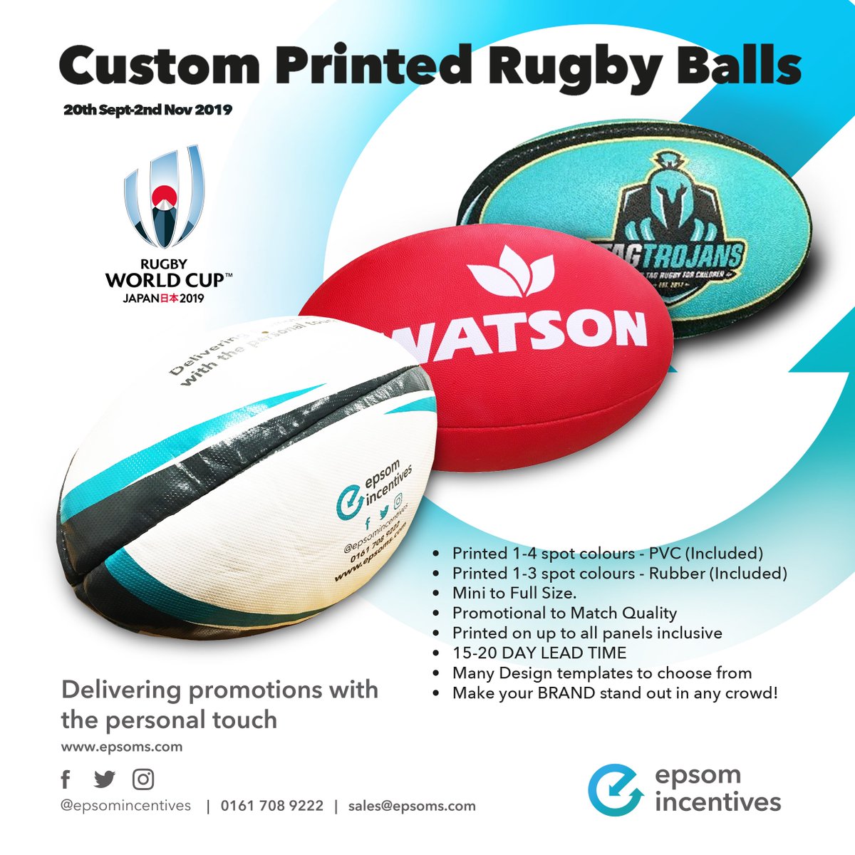 Join in with all the fun this September with the #Rugby #WorldCup and order your personalised #branded rugby #balls for your school, team or business.

for more info call Epsom's on
0161 708 9222 or email us on sales@epsoms.com