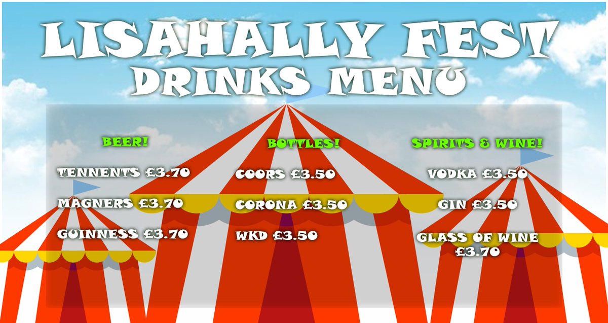 #Lisahallyfest #Strathfoyle drinks menu and prices <a href="/theclameens/">The Clameens</a> <a href="/DerryLiveList/">Derry Live List</a> <a href="/whatsonNI/">whatsonNI.com</a> @WhatsonDS tickets >> lisahallyfestival.com