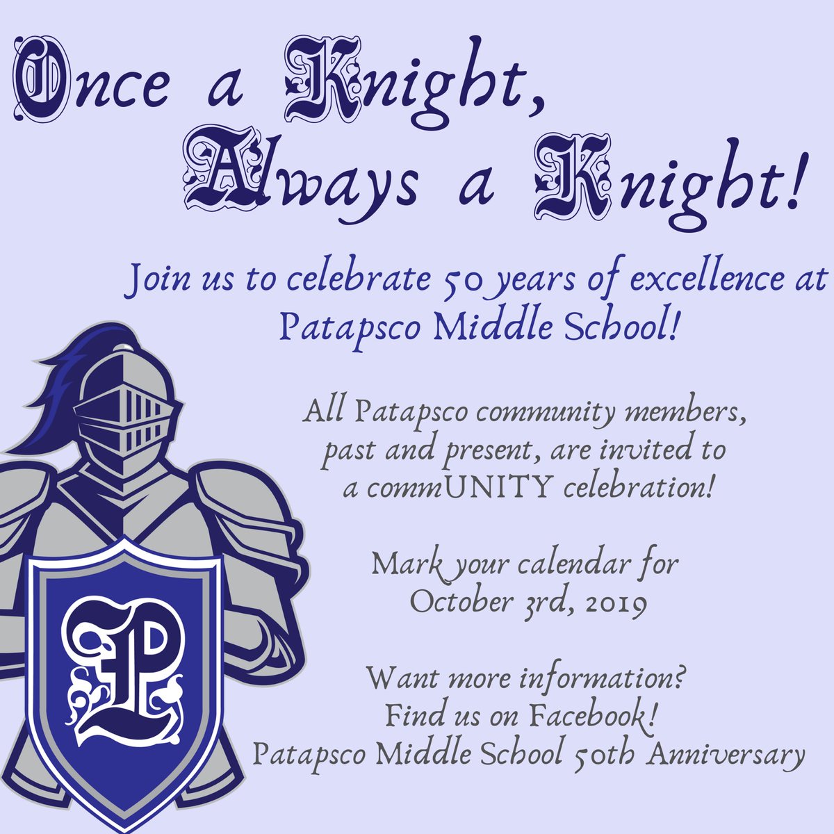 Save the Date!! Our 50th Anniversary celebration is this October. Stay tuned for more information! #OnePatapsco #Community #50yearsofExcellence
