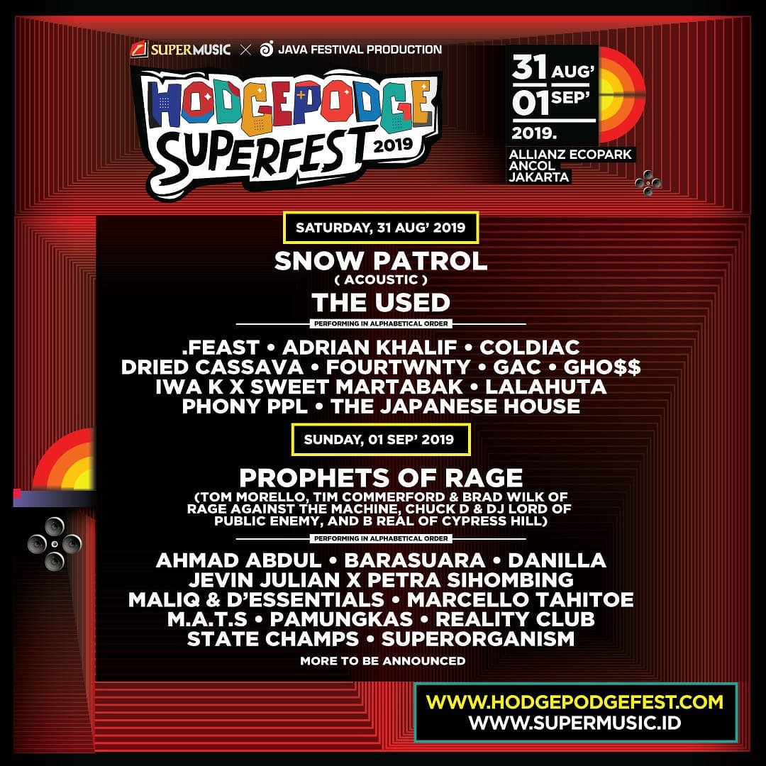 Here are the current lineup and daily schedule of #HPSF19! Stick around and tag your squad in case they missed the memo!
_
#HPSF19
#JavaFestPro
#SUPERMUSIC
_
hodgepodgefest.com 
supermusic.id 
_
@supermusic_id
