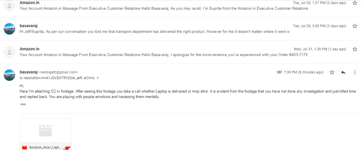 basavar08243754's tweet photo. @amazon, @AmazonHelp, @AmazonUK, @amazonIN, @JeffBezos 
I'm giving you d last chance. I have sent u the video of the delivery boy where it is evident that package can't be of laptop. If I dont get a refund then I'm going to upload the videos on social media and log a case as well https://t.co/5DIckbRcwf