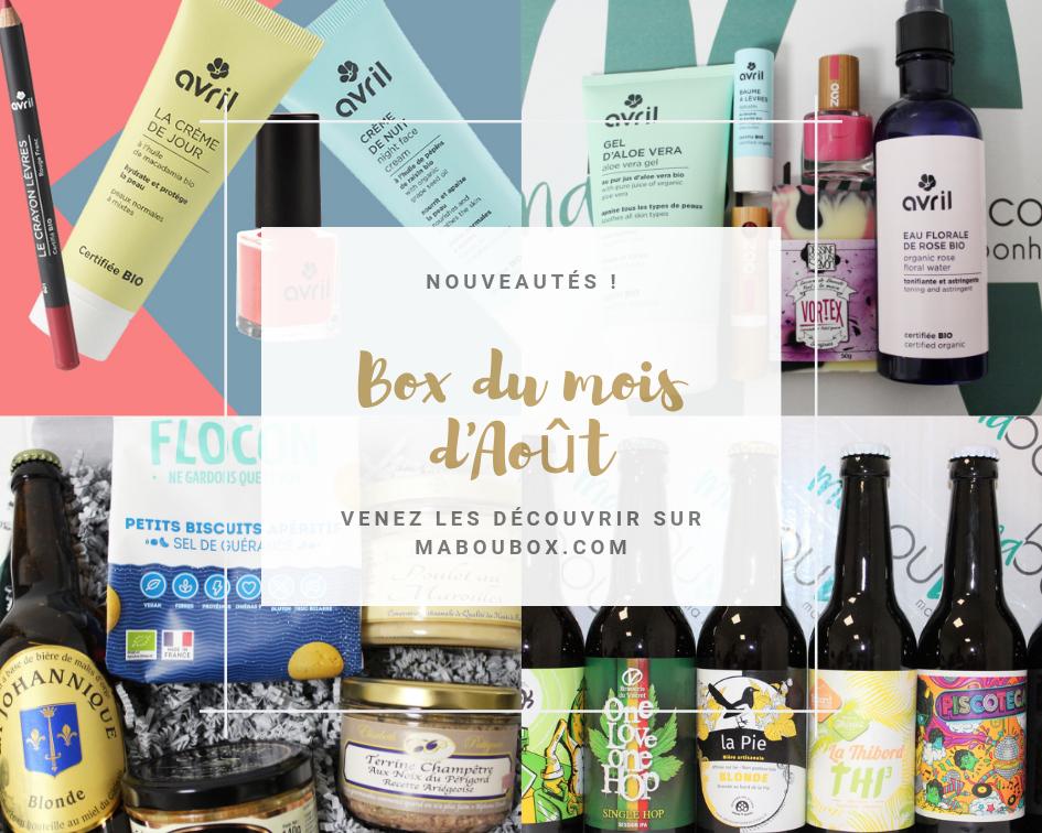 Nouvelles BOX d'Août ! 
Venez découvrir nos nouveautés sur maboubox.com
Nouvelle Box spéciale AVRIL Cosmétiques à 19.90€ seulement !
#food #terroir #produitsbio #produitsfrancais #biere #beauté #beauty #avrilcosmetiques #bio #maboubox