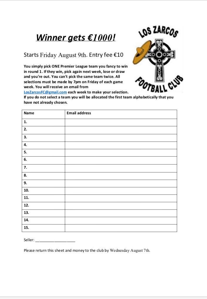 Our Last Man Standing is returning on August 9th with a prize of €1000 entry is €10.
If you wish to enter please DM the page or contact any club member.
All support greatly appreciated.