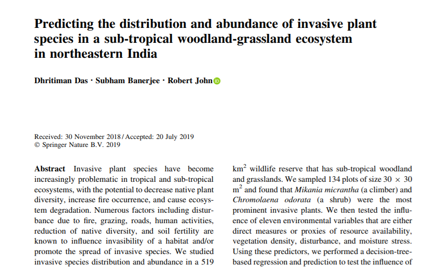 atree_org's tweet photo. In a new paper, ATREE's Dhritiman Das and others predict the distribution and abundance of #invasive plant species in a sub-tropical woodland-grassland ecosystem in #northeastern India - https://t.co/wkuvIPQa7x
#SubhamBanerjee #RobertJohn https://t.co/Q0w1flyEbw