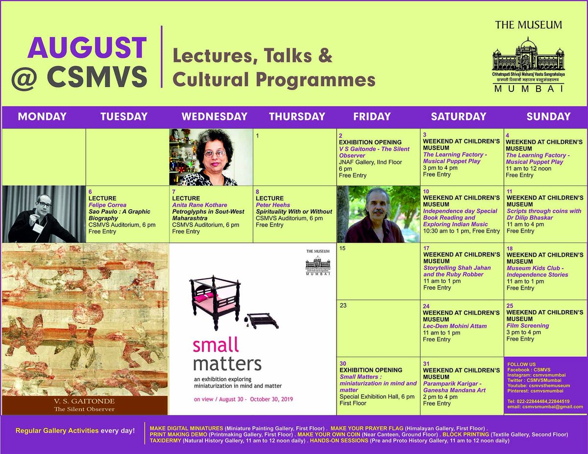 CSMVSmumbai's tweet photo. Here is the August Programme Calendar of Chhatrapati Shivaji Maharaj Vastu Sangrahalaya
#Lectures #Workshops #Theatre #Exhibitions #Childrensprogrammes https://t.co/wxChkZSoVe