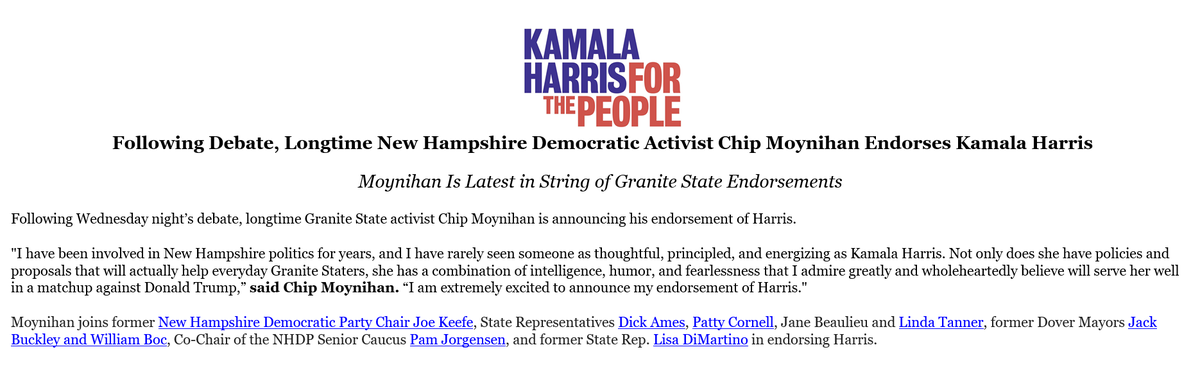 steinhauserNH1's tweet photo. 2020 Watch-New: @seacoastonline learns that veteran NH Democratic activist @ChipMoynihan endorsed @KamalaHarris following last night's #DetroitDebate (it may have been obvious looking at his twitter page) Calls her "thoughtful, principled, and energizing" #nhpolitics #FITN https://t.co/SG1drBpuPR