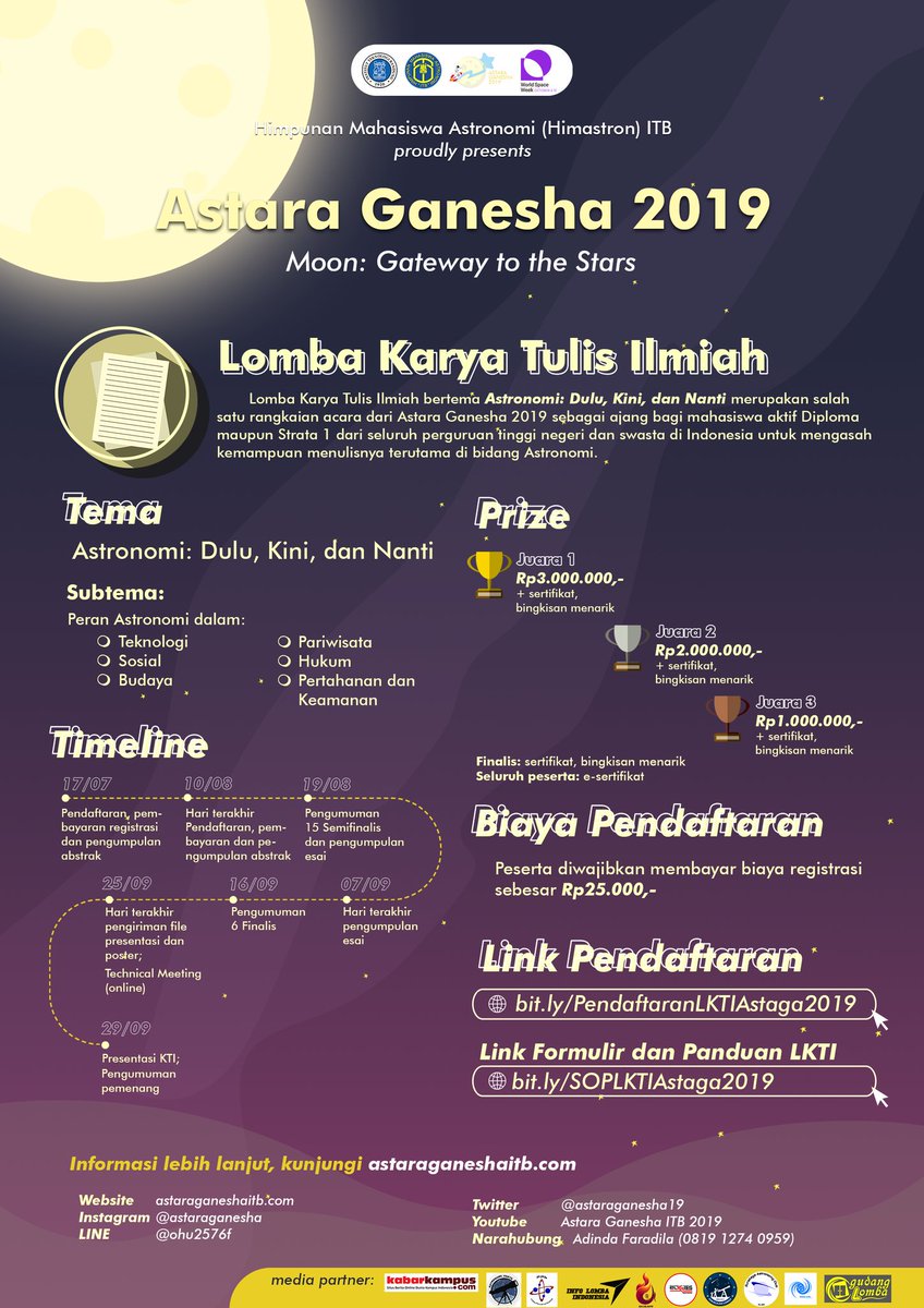 AstaraGanesha25's tweet photo. [Astara Ganesha 2019 🤔]

Astara Ganesha 2019 (Astara: Astronomi Nusantara) adalah acara yang diselenggarakan oleh Himpunan Mahasiswa Astronomi ITB (Himastron ITB) untuk memperingati World Space Week (WSW) yang jatuh pada tanggal 4-10 Oktober setiap tahunnya.

#GatewayToTheStars https://t.co/jtmUEQVhGJ