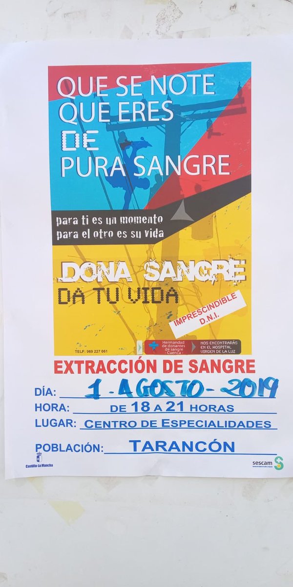 📣📣📣 Hoy de 18 a 21 horas extracción de sangre en el Centro de Especialidades de Tarancón #DonaSangre