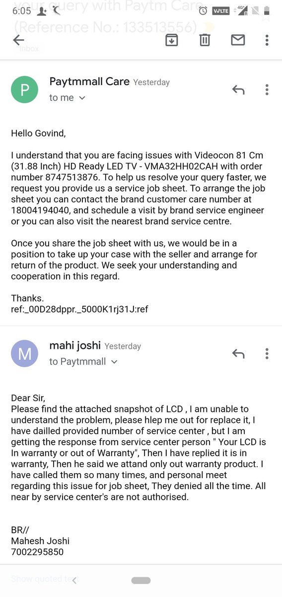 Mahijoshi90123's tweet photo. @PaytmMall #Please Answer, Is I have done any mistake of ordering from your website ? #associate not accepting return #KHULE AAM LOOT#30+Calls To Paytm Customer Care #Same Answer Every time #Videocon Service center Not accepting any in warrant products. #Cheating to customer. https://t.co/Ej1pgkSFy5