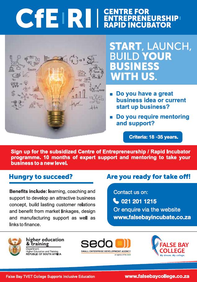 FalsebayCFE's tweet photo. Contact the Center for Entrepreneurship at False Bay College to see how we can help you start, launch and build your business.

Tell: 0212011215
Email: info@falsebayincubate.co.za
Website: https://t.co/hrcgyP7v6e

Or simply send us a message with your contact details. https://t.co/vnv76KUdVb
