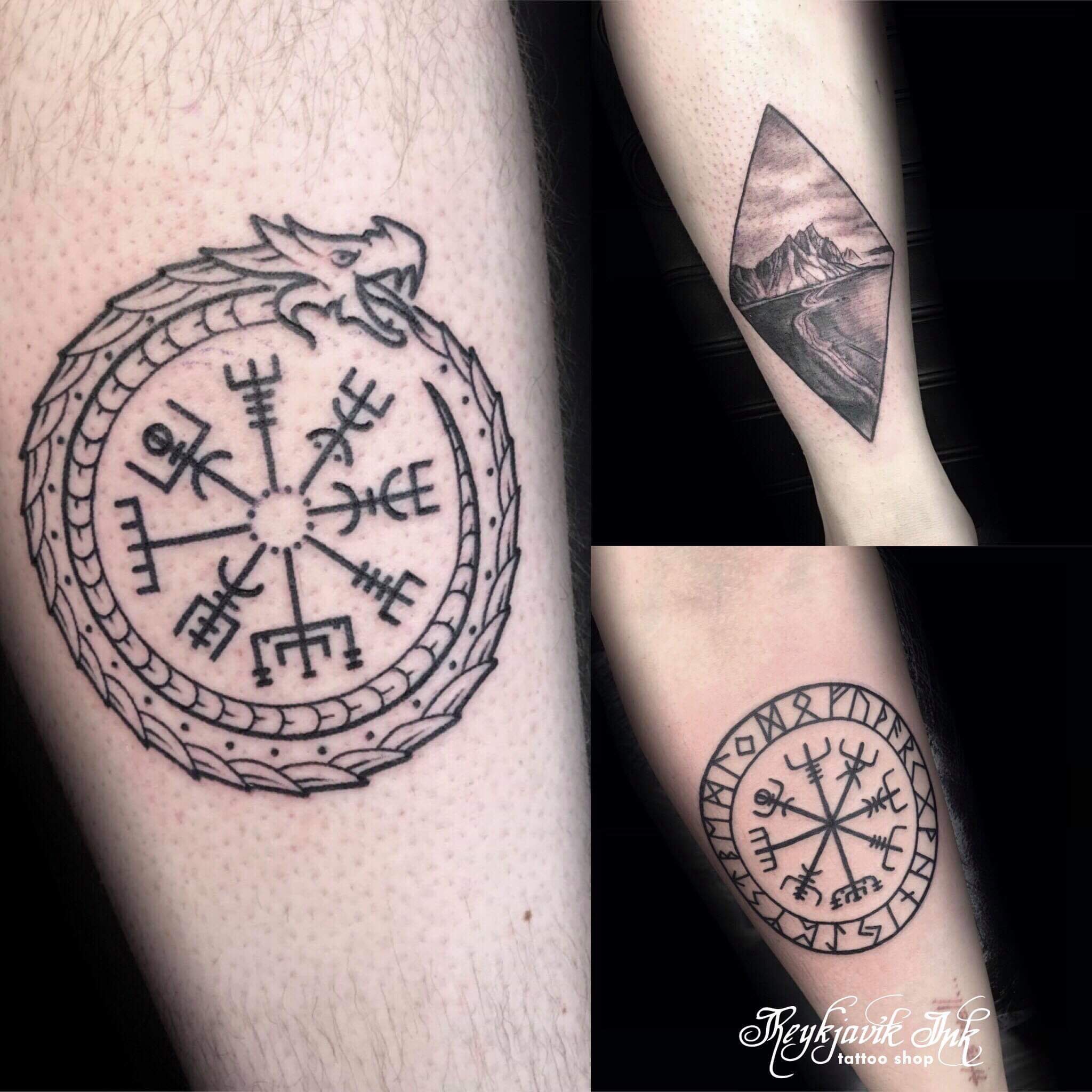 My tattoo encompassing 3 stages of Icelandic history - Norse (Jörmungandr),  19th century (Vegvisir) and modern day (Globe) : r/Iceland