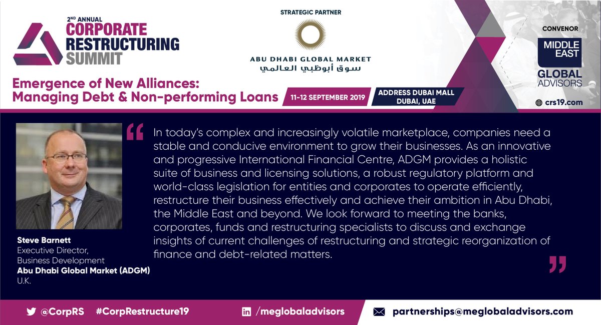 meglobaladvisor's tweet photo. Meet Steve Barnett from @ADGlobalMarket and over 200 key Industry Leaders at the @CorpRS in #Dubai this September, REGISTER NOW at: https://t.co/o1RGV0AGYp; More info at: https://t.co/3eXl804smx #CorpRestructure19 https://t.co/1hVhEllA7A